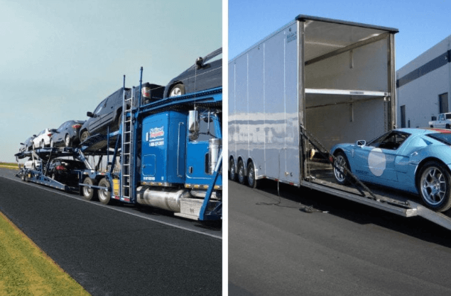 Side by side photo of an open car trailer and an enclosed transport. If you are asking how much is car shipping from state to another. We can help you as the leading car shipping company.