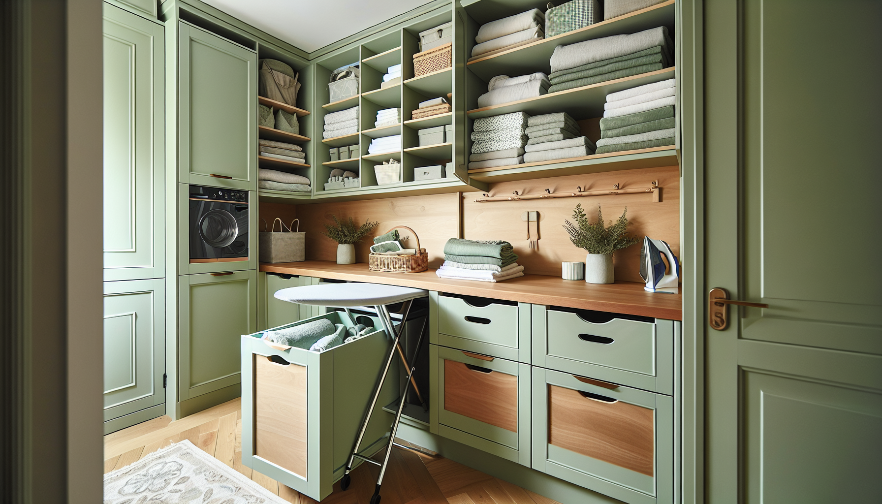 Customized laundry room cabinetry with built-in hampers