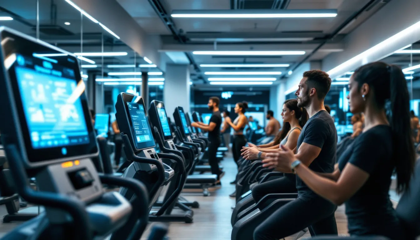 An image showcasing an AI powered personal fitness trainer in a gym setting, where clients are engaged in personalized workout routines. The trainer, utilizing artificial intelligence tools, provides real-time feedback and tailored workout plans to help fitness enthusiasts achieve their individual fitness goals.