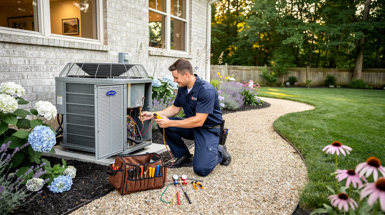 An HVAC technician in a dark blue work shirt is kneeling on a gravel path, focused on servicing a silver Carrier air conditioning unit outside a light-brick house. Surrounded by a lush garden filled with hydrangeas and other perennials, he uses a multimeter and manifold gauge to ensure the cooling system is functioning optimally, while a brown tool bag filled with repair tools rests nearby.