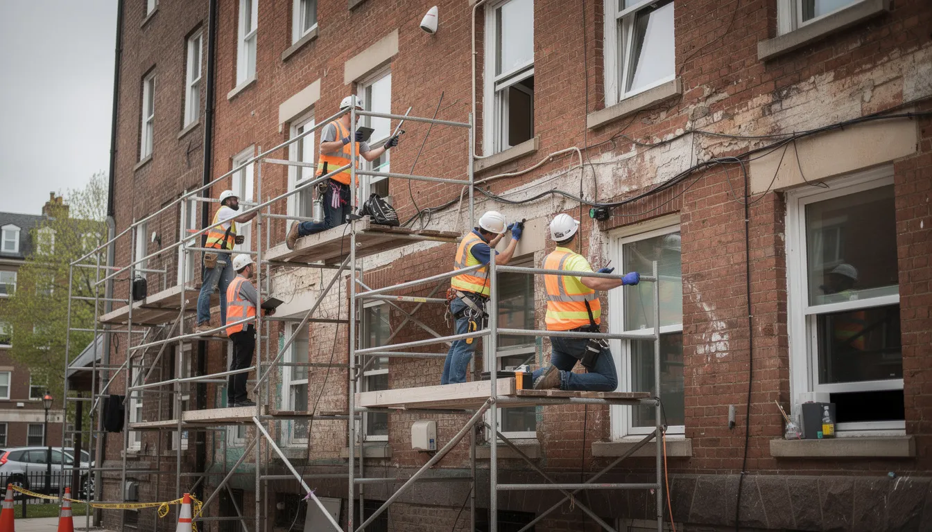 Two workers on scaffolding are inspecting the brick facade of a multi-story residential building, ensuring it is well maintained and free from damage. This inspection is part of a seasonal maintenance checklist, crucial for condo owners to prevent costly repairs and ensure the property remains in peak condition.