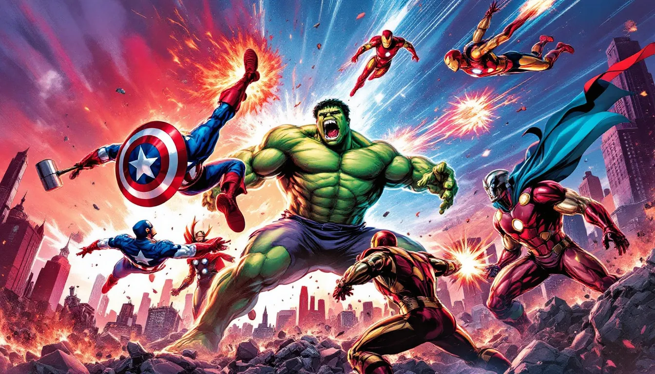 A dynamic clash between iconic Marvel characters representing the historical battles.