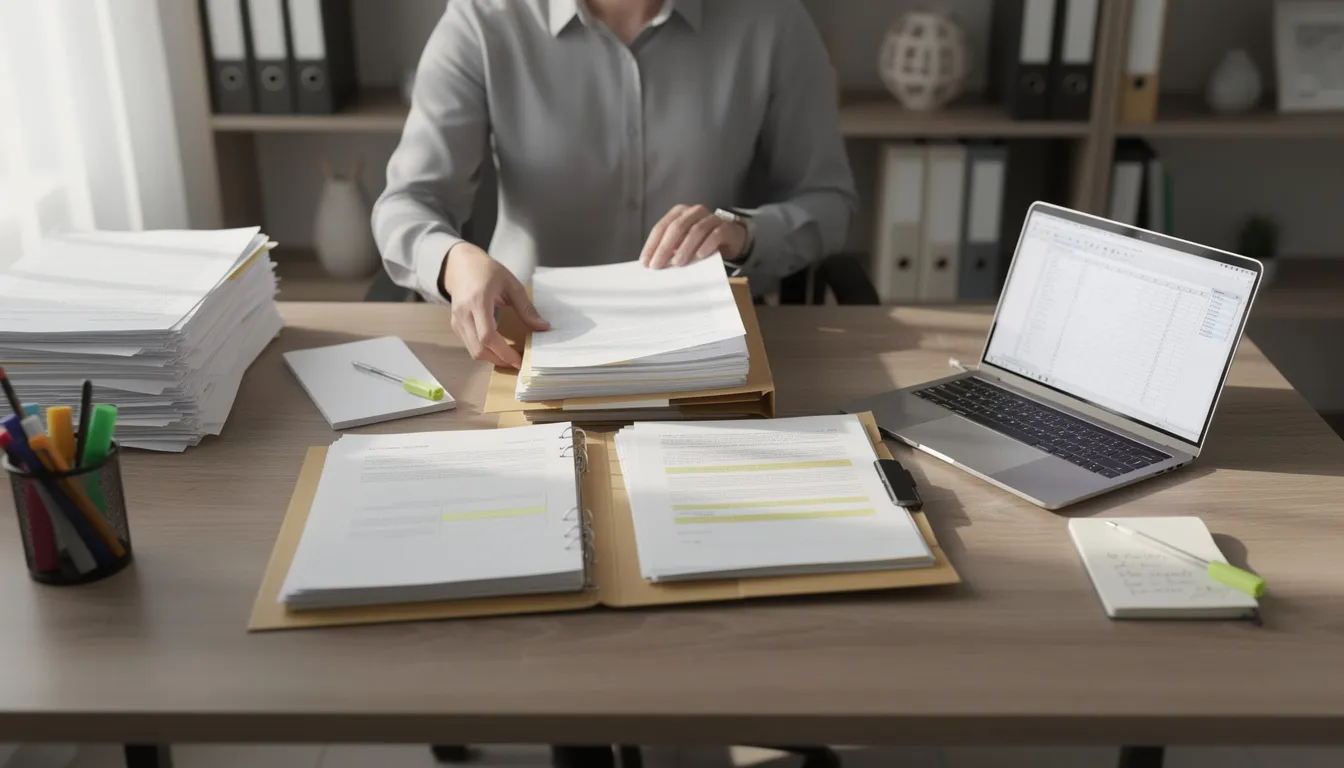 The image depicts a person methodically organizing various paperwork and documents on a desk, with a laptop positioned nearby, suggesting a focus on financial matters such as annuity contracts and death benefit options. This scene reflects the importance of managing financial documents for ensuring financial security and understanding the implications of annuity payments and benefits for beneficiaries.