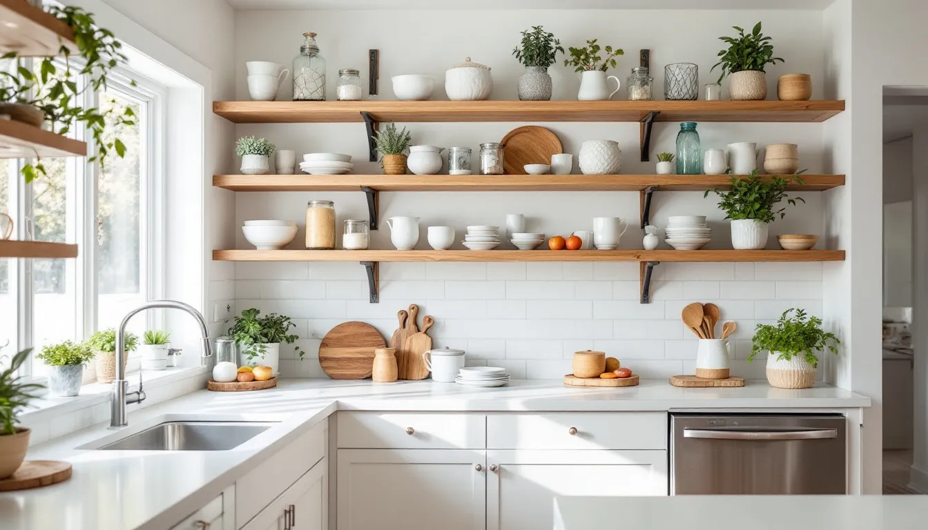 Open shelving in a bright kitchen, providing a modern and stylish storage solution.