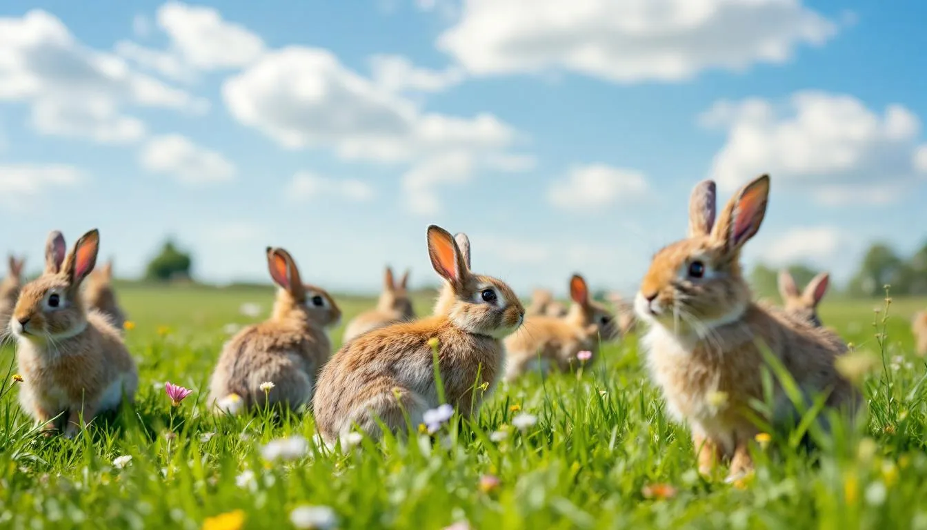 The image depicts a group of wild rabbits in a natural setting, showcasing their long ears and powerful hind legs as they forage for food. These European rabbits are often seen in meadows and fields, embodying the essence of their wild nature.