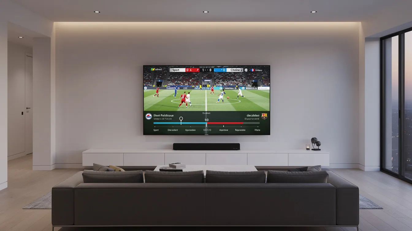Un salon moderne est présenté, avec un écran affichant une interface de streaming sport en direct, mettant en avant des chaînes de télévision disponibles via un abonnement IPTV en France. Le décor est épuré, et l'écran semble offrir une expérience de qualité, idéale pour regarder des films et séries en haute définition.