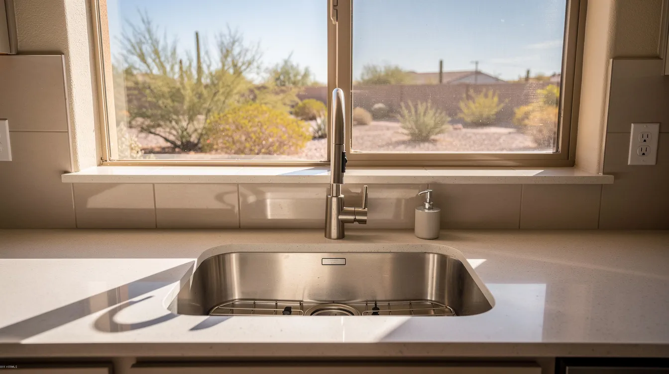 The image depicts a clean and modern kitchen sink featuring a drain screen, illuminated by sunlight in a Phoenix-style home. This well-maintained kitchen is designed for efficiency, showcasing plumbing that effectively prevents clogs and ensures a reliable water flow.
