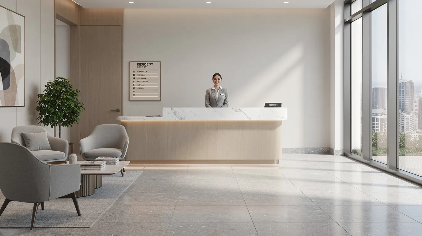 The image depicts a clean and modern apartment building lobby, featuring a friendly front desk staff member ready to assist residents and visitors. This welcoming space reflects the professional property management services provided to enhance the experience for tenants and property owners in New York City.