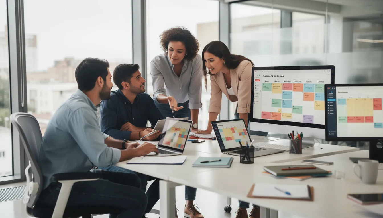 Un equipo de trabajo colabora en una oficina moderna, rodeado de pantallas que muestran calendarios y agendas. La imagen refleja un ambiente dinámico donde se gestionan citas y se automatizan interacciones a través de WhatsApp Business para optimizar el flujo de trabajo.