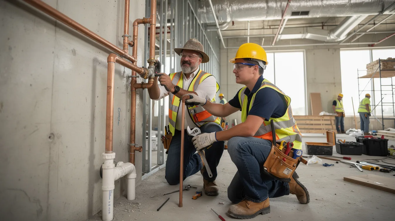 A young construction apprentice in safety gear is learning plumbing skills from an experienced tradesperson on a commercial job site, illustrating the hands-on training and apprenticeship opportunities available in the construction industry. This scene highlights the importance of safety and knowledge transfer in construction projects, particularly in locations like Johnson City and Knoxville, Tennessee.