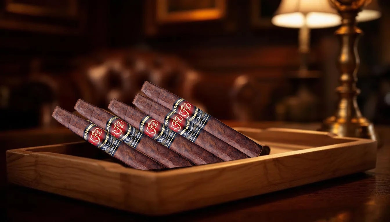 A close-up of premium La Flor Dominicana Double Ligero cigars.