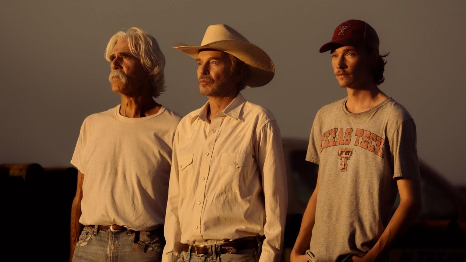 Sam Elliott as T.L., Billy Bob Thornton as Tommy and Jacob Lofland as Cooper in Landman Season 2