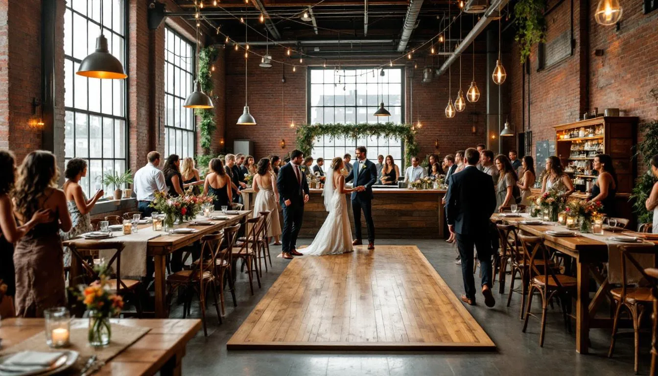 Die rustikale Hochzeitsfeier findet in einem industriellen Loft statt, das von natürlichem Licht durchflutet wird. Die Atmosphäre ist warm und einladend, ideal für eine traumhafte Hochzeit in Frankfurt am Main, umgeben von liebevoller Dekoration und fröhlichen Gästen.
