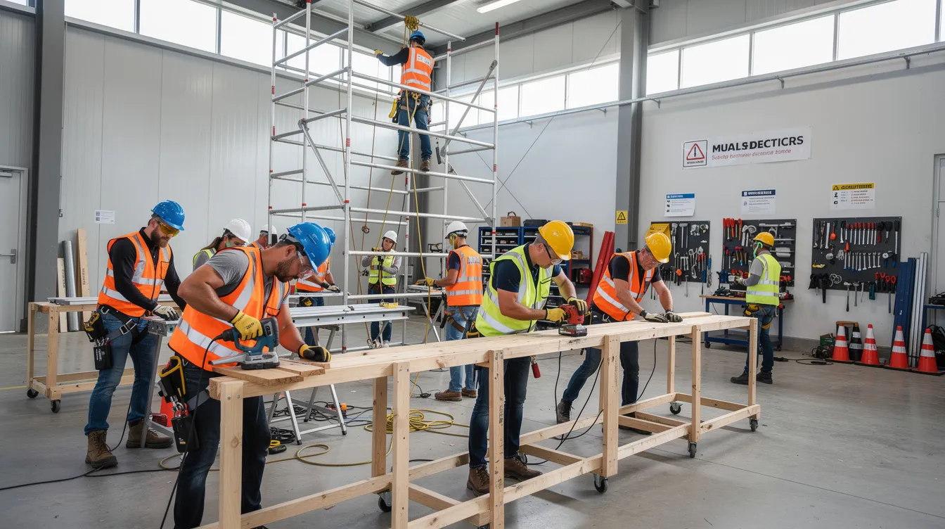A group of apprentices wearing safety gear is engaged in hands-on skills training at a construction training facility, highlighting the importance of technical education programs in developing a sustainable construction workforce. This practical experience is essential for preparing qualified workers to meet the growing demand in the construction industry.