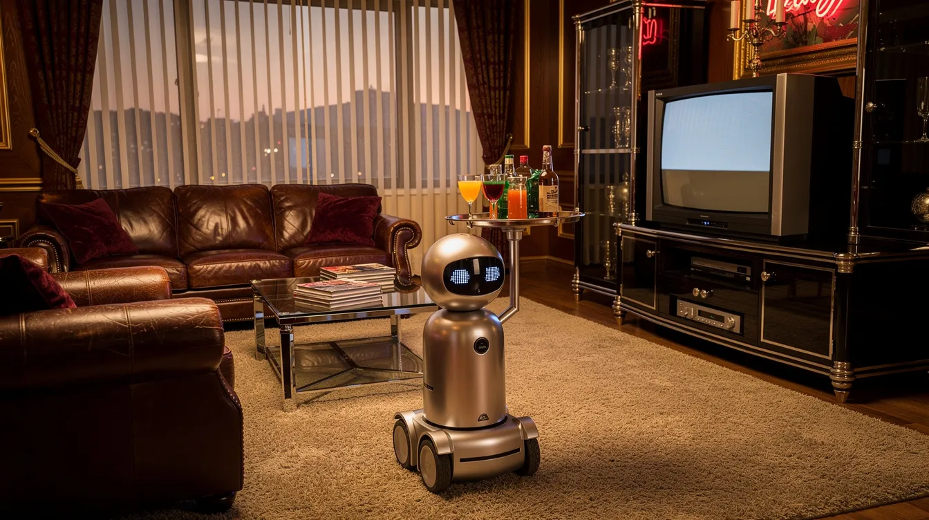 Das Bild zeigt eine luxuriöse Wohnzimmereinrichtung im 80er-Jahre-Stil mit eleganten Ledersofas und einem großen Fernseher. In der Mitte des Raumes steht ein kleiner silberner Roboter auf Rädern, der ein Tablett mit Getränken trägt, was an die futuristischen Elemente der damaligen Zeit erinnert.