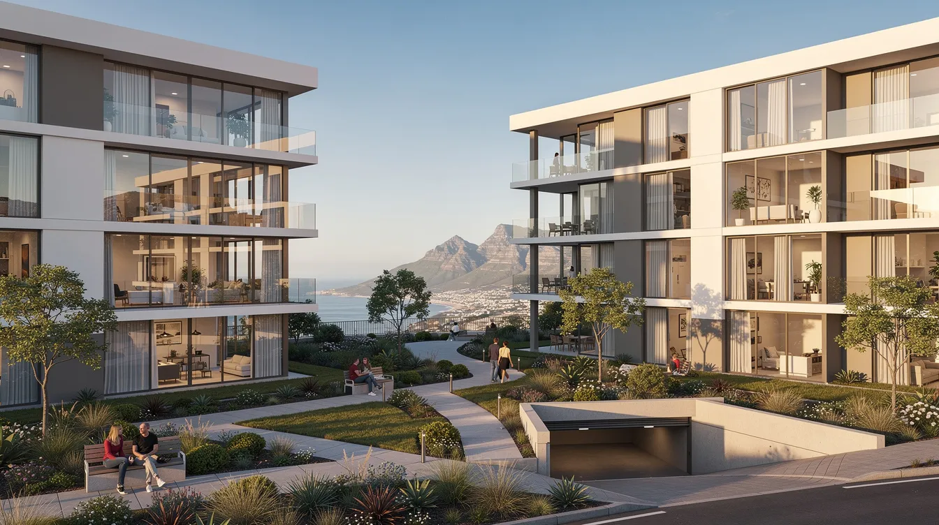 The image showcases a modern apartment complex exterior in Cape Town, featuring clean architectural lines and a contemporary design. The wide premises are ideal for integrating services like DSTV over fiber, ensuring quality signal distribution and minimizing cable clutter.