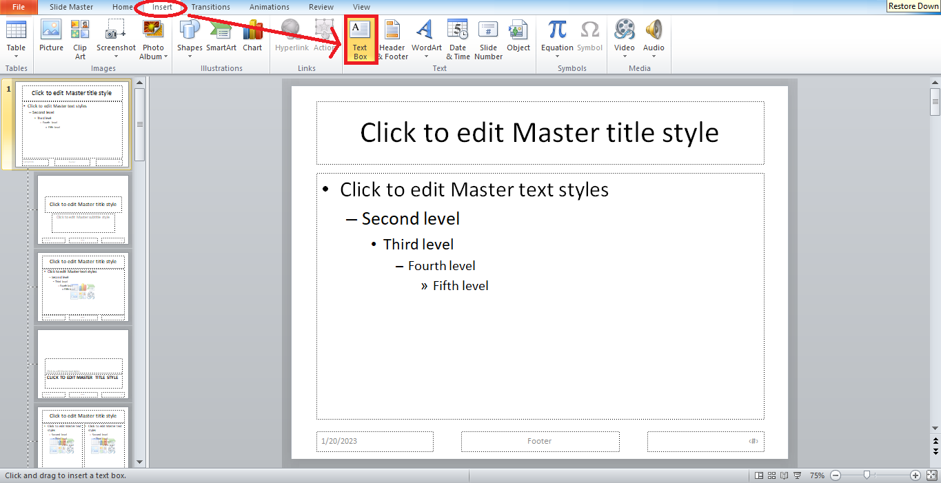 Go to "Insert" tab, and click "text box" or "WordArt."