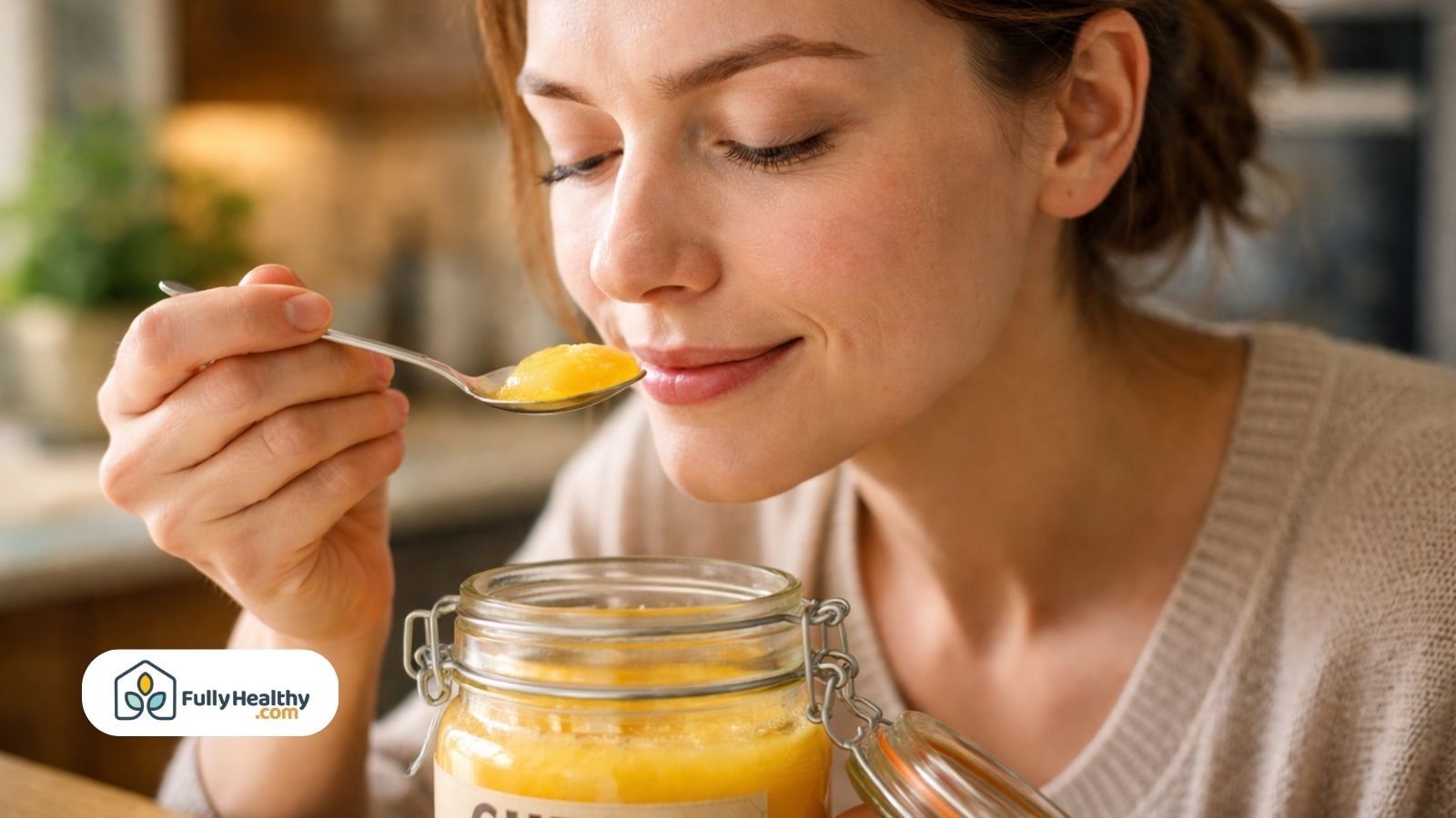 Woman smelling spoonful of fresh ghee from glass jar