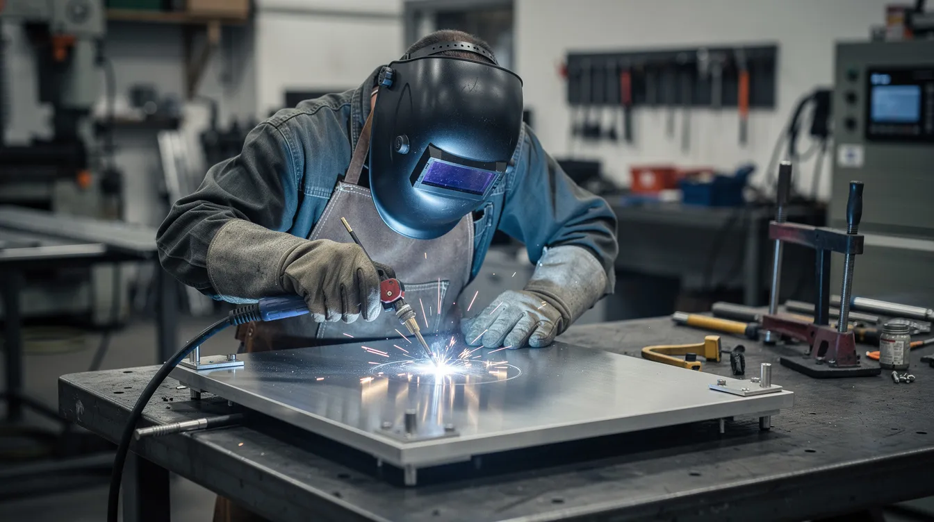 A welder in protective gear is expertly performing TIG welding on a stainless steel sheet metal enclosure, showcasing the precision involved in the sheet metal fabrication process. The scene highlights the importance of generating heat to join metal parts while ensuring a strong, corrosion-resistant finish.