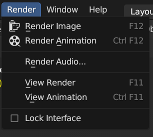 A screenshot showing the render menu in Blender 4.0 including Render image, render animation, render audio, view render, view animation and Lock interface