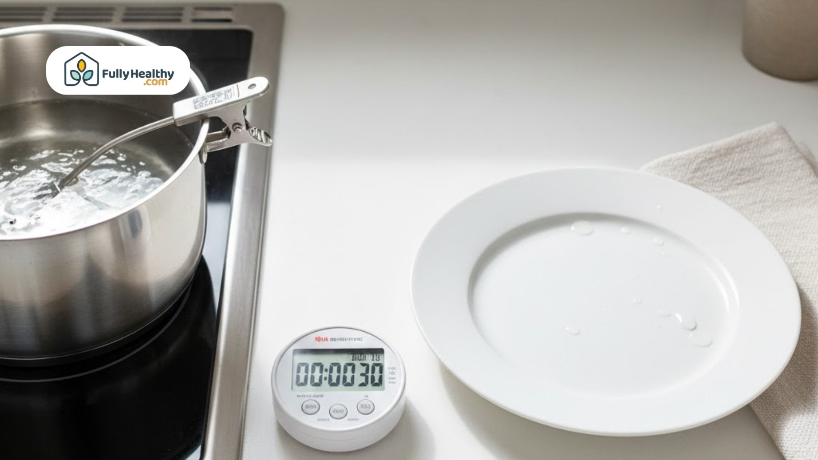 Boiling pot with thermometer and timer beside empty plate ready for serving