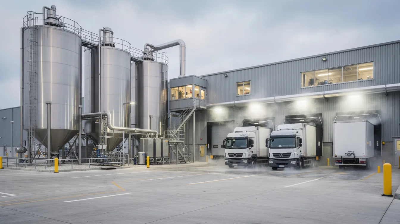 The image depicts a modern industrial dairy processing facility featuring stainless steel silos and refrigerated loading docks, emphasizing the advanced technology used in milk processing and the production of value-added dairy products. This facility plays a crucial role in the dairy industry, supporting efficient milk production and meeting the growing demand for processed milk products.