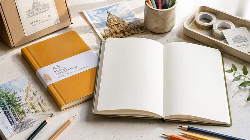 A5 blank notebook with open sketch pages and art supplies