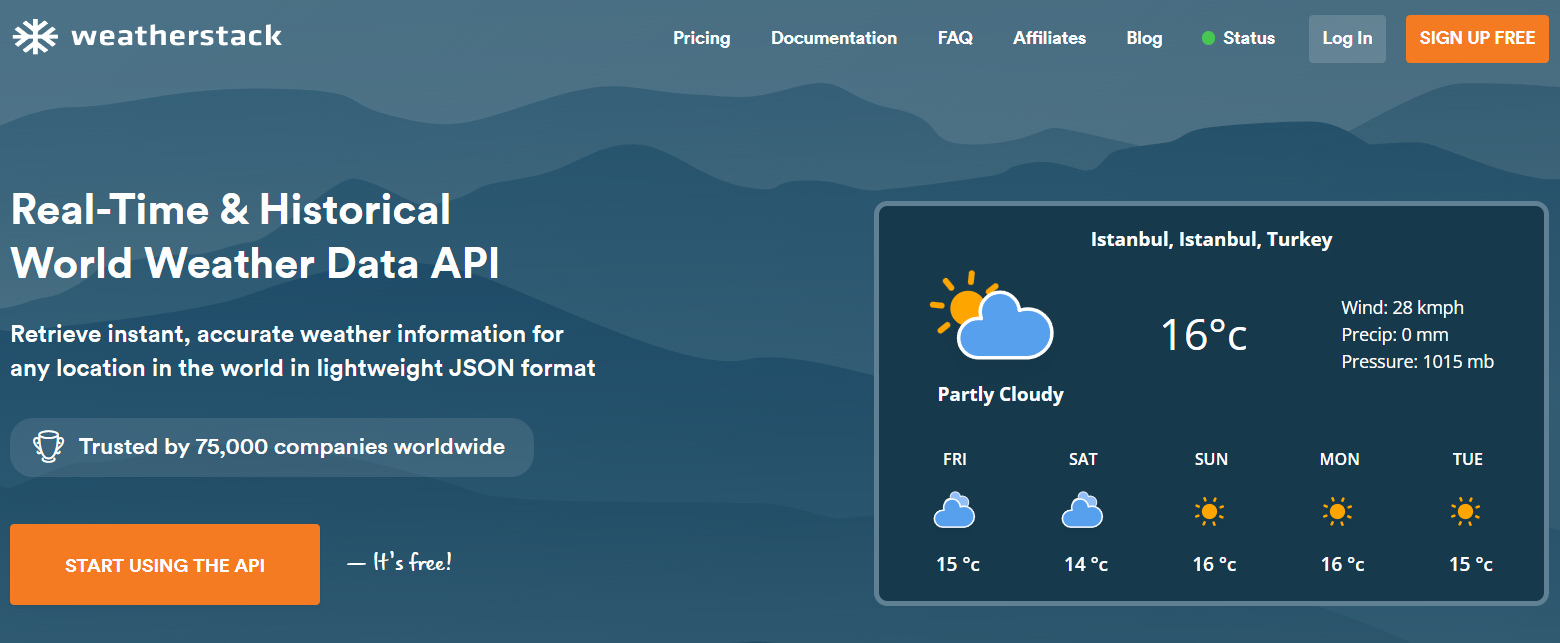 home page of the weatherstack global weather data api