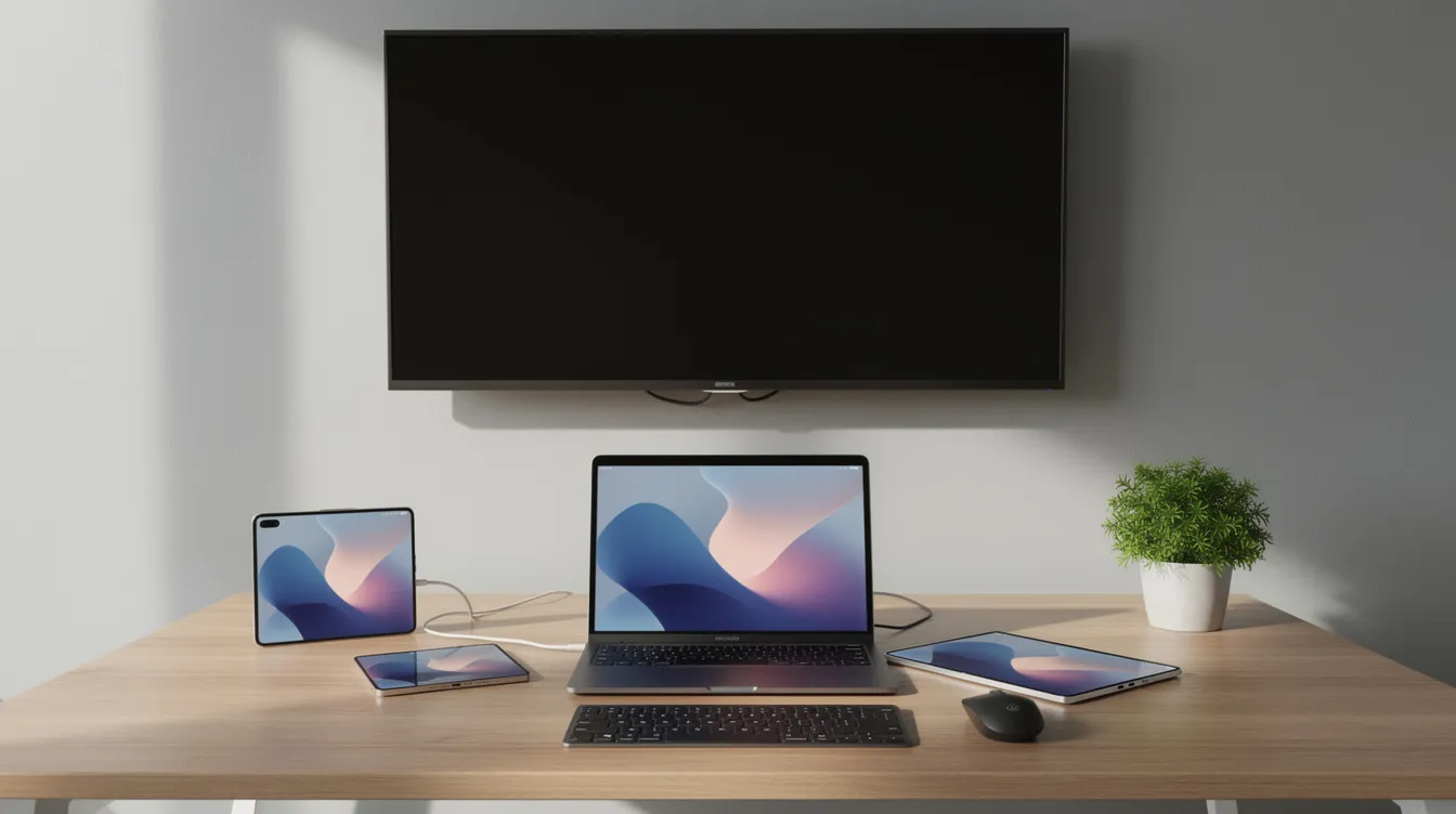 The image shows a modern desk featuring multiple devices, including a smartphone, tablet, laptop, and a smart TV, highlighting the versatility of streaming entertainment options. This setup is ideal for accessing IPTV services, allowing users to enjoy live TV channels and on-demand content seamlessly across various devices.