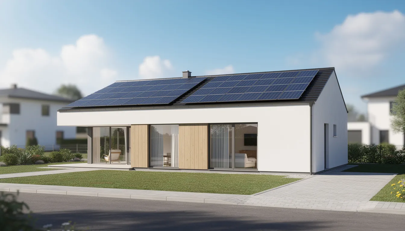 Nowoczesny dom jednorodzinny z panelami fotowoltaicznymi na dachu, stojący w słoneczny dzień, symbolizuje wykorzystanie odnawialnych źródeł energii do produkcji energii elektrycznej. Budynek otoczony jest zielonymi drzewami, co podkreśla jego ekologiczny charakter i dążenie do obniżenia rachunków za prąd.