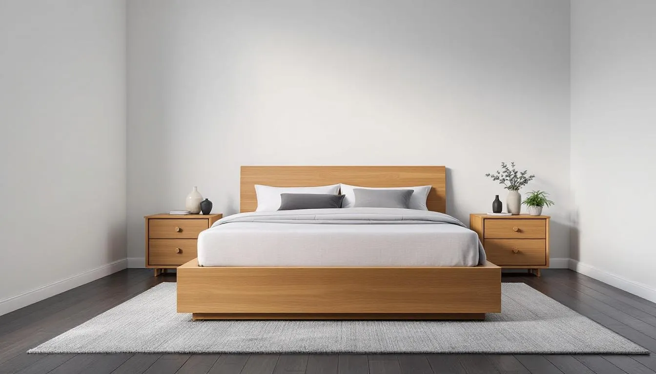 The image depicts a modern bedroom featuring matching oak bedside tables with clean lines and minimal styling, creating a sophisticated and clutter-free atmosphere. Each bedside table is designed for functionality, providing easy access to nighttime essentials while complementing the overall bedroom decor.