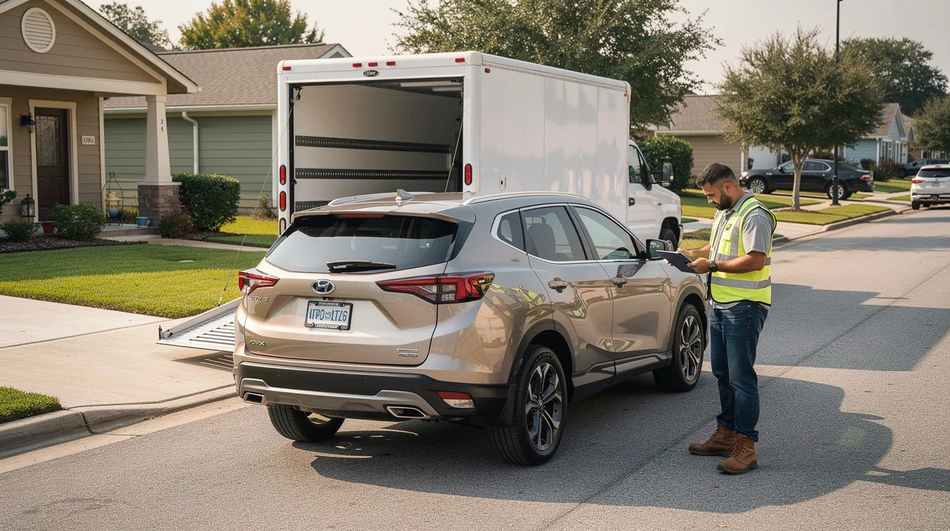 A driver is inspecting a vehicle being delivered on a residential street, showcasing the process of open car transport. The scene highlights the careful attention to detail in vehicle shipping, ensuring everything is in order for the delivery.