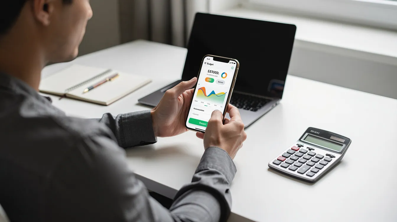 An individual is focused on a smartphone application for managing finances, with a calculator placed nearby, suggesting they are calculating loan amounts or interest rates. This scene reflects the use of digital tools for financial planning, potentially involving concepts like private loans or interest rates.