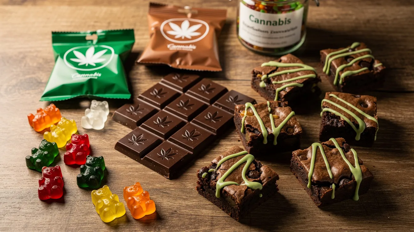 Auf einem Tisch sind verschiedene Cannabis-Edibles arrangiert, darunter Gummibärchen, Schokolade und Brownies. Diese Produkte zeigen die Vielfalt der Zubereitung von Cannabislebensmitteln und bieten eine alternative Konsumform mit unterschiedlichen Wirkungen.