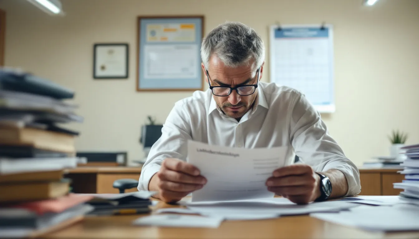 Lohn und Recht: Im Bild ist ein Arbeitgeber zu sehen, der Lohnunterlagen und Gehaltsabrechnungen im Büro prüft. Auf dem Tisch liegen Dokumente, die Informationen zu Gehalt und Einkünften des Arbeitnehmers enthalten.