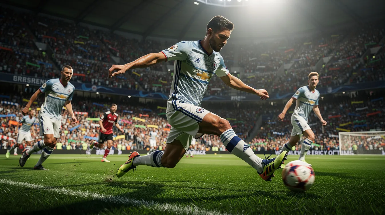 En intensiv matchsituation med fotbollsspelare i en fullsatt arena, där det gröna gräset lyser i stark belysning. Stämningen är på topp inför en viktig Champions League-match, där lag som Real Madrid och Bayern München kan vara i fokus.