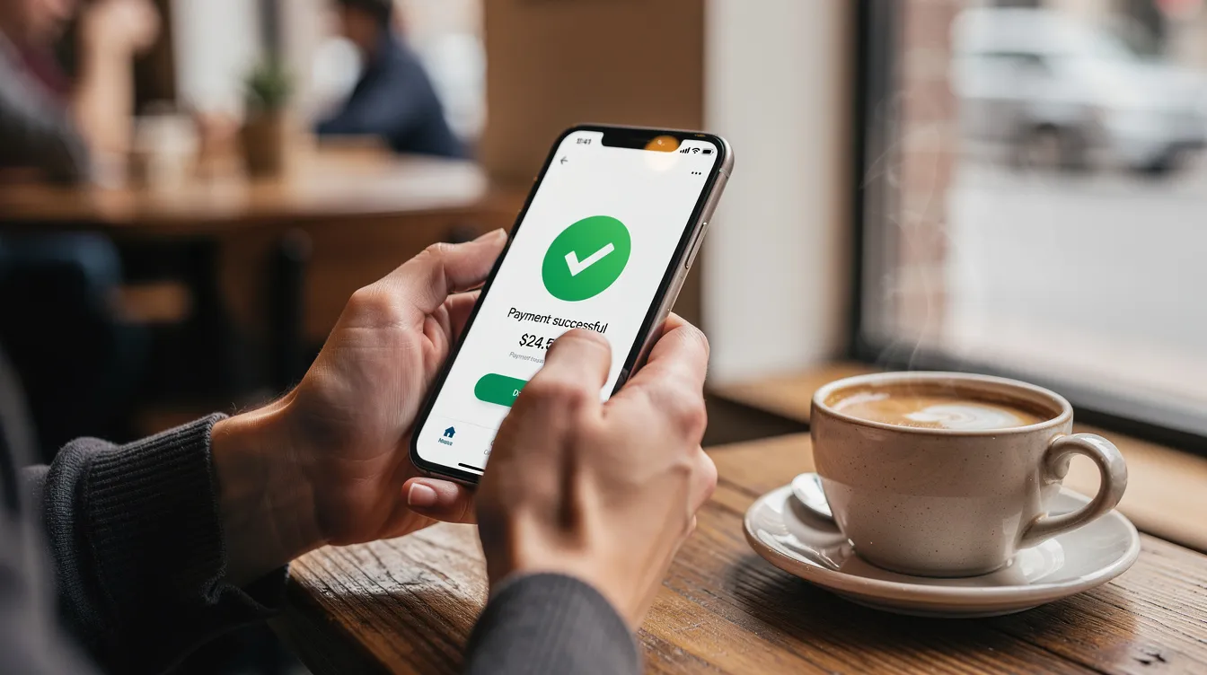 A person is seated at a table, focused on their smartphone as they send money online through a mobile money app, with a steaming cup of coffee beside them. The scene captures the convenience of mobile money transfers, allowing for quick transactions with just a few taps.