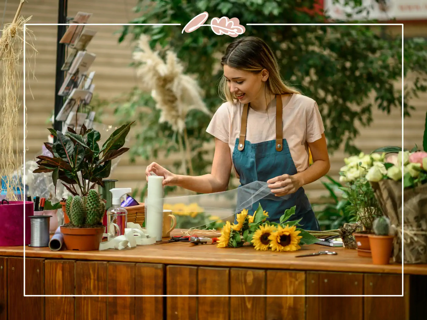 Female florist arranging flowers at a wooden table with sunflowers and various plants, Fabulous Flowers and Gifts