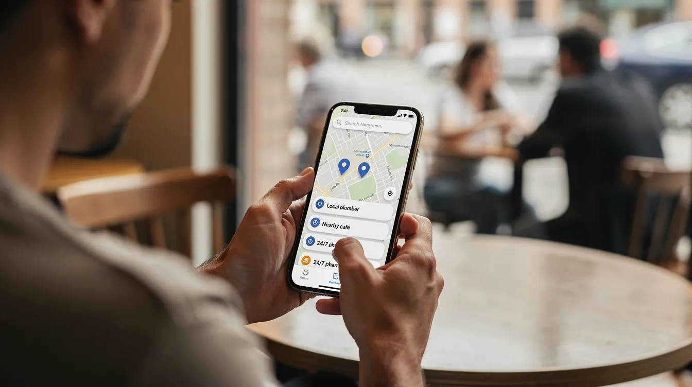 A person is using a smartphone to search for local services, likely exploring options to enhance their business's online presence through Google Ads strategies. They may be looking to manage their Google Ads account effectively, utilizing customer data and audience segments to drive more customers to their website.
