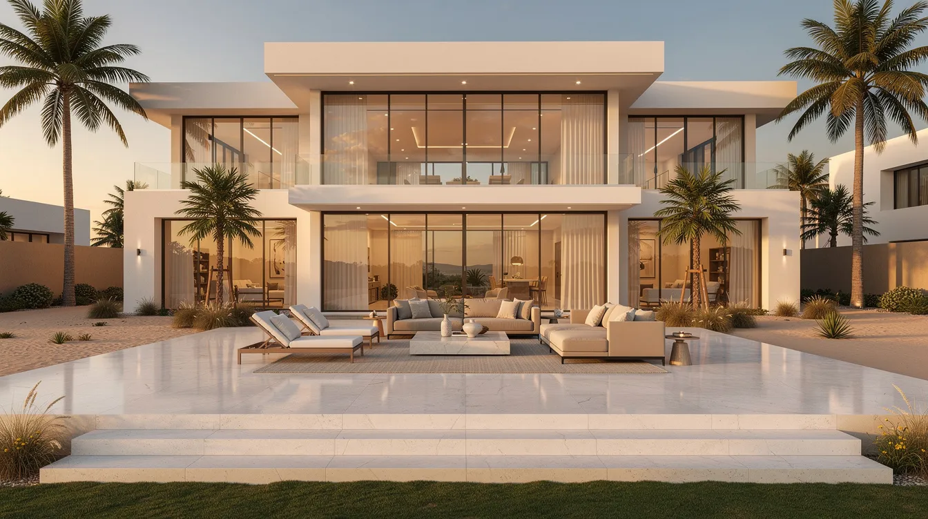 The image depicts a spacious villa in Dubai featuring a large terrace with stylish outdoor seating, perfect for relaxation. This inviting exterior showcases a well-maintained environment, ideal for enjoying the outdoors and enhancing indoor air quality, which can be further improved with professional deep cleaning services.