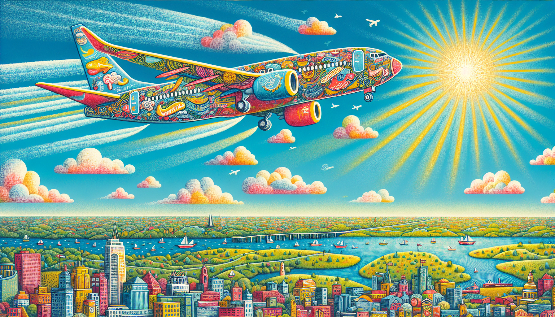 A cartoon showing various airlines offering direct flights from Boston to Los Angeles.