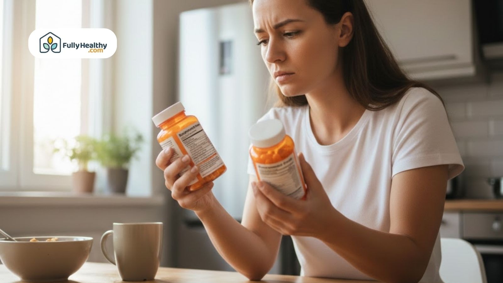Woman reading supplement label to check iron content.