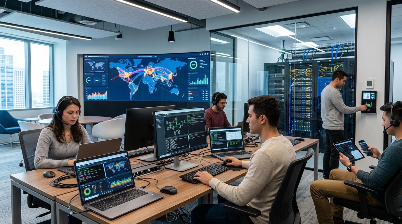 Modern cloud-based virtual training ecosystem featuring hands-on labs, real-time analytics dashboards, secure user access, and scalable infrastructure connecting learners across multiple devices.