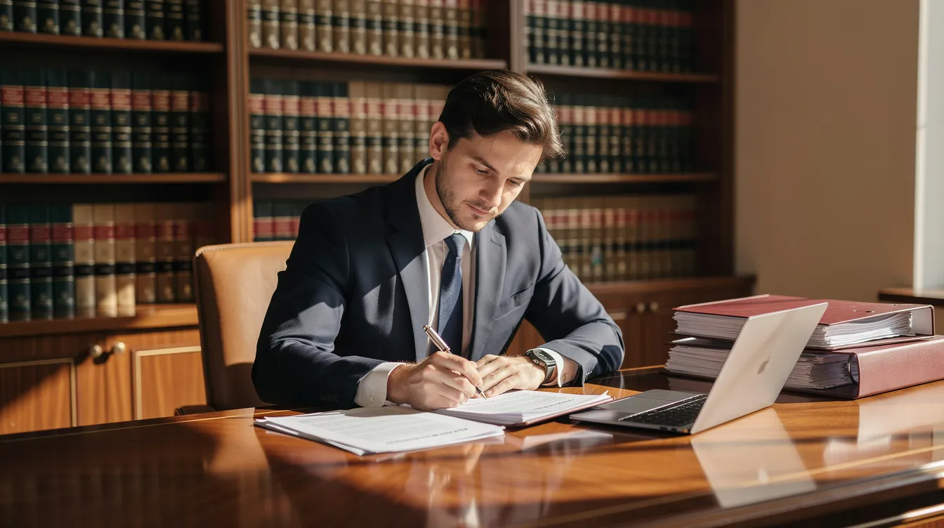 A lawyer is seated at a desk in an office, meticulously reviewing documents with bookshelves filled with legal texts in the background. This scene reflects the diligent work involved in preparing for legal action, such as pursuing a temporary restraining order or seeking injunctive relief in business litigation cases.
