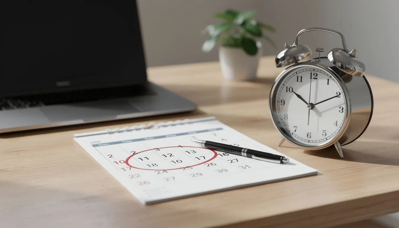 The image shows a calendar and a clock placed on a desk, symbolizing the importance of timing in making decisions related to workers compensation claims. This visual represents the need for injured workers to consider factors like maximum medical improvement and the settlement process to secure fair compensation for their medical expenses and lost wages.