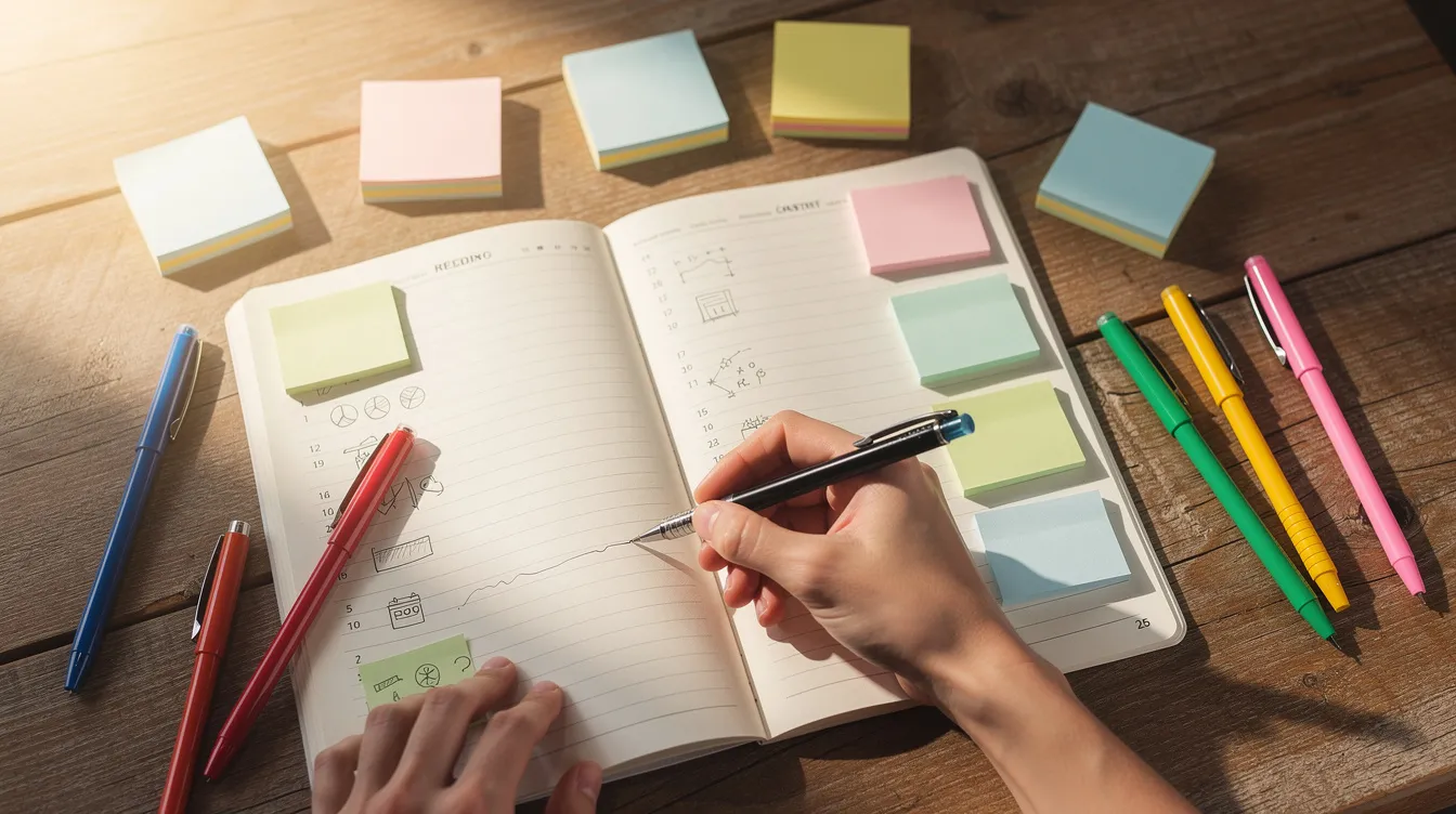 Een paar handen schrijven met gekleurde pennen in een werkboek, omringd door post-its op een houten tafel. Deze scène benadrukt de kracht van storytelling en interne communicatie, waarbij emoties en een gemeenschappelijke taal worden gebruikt om verbinding te maken en verhalen te delen.