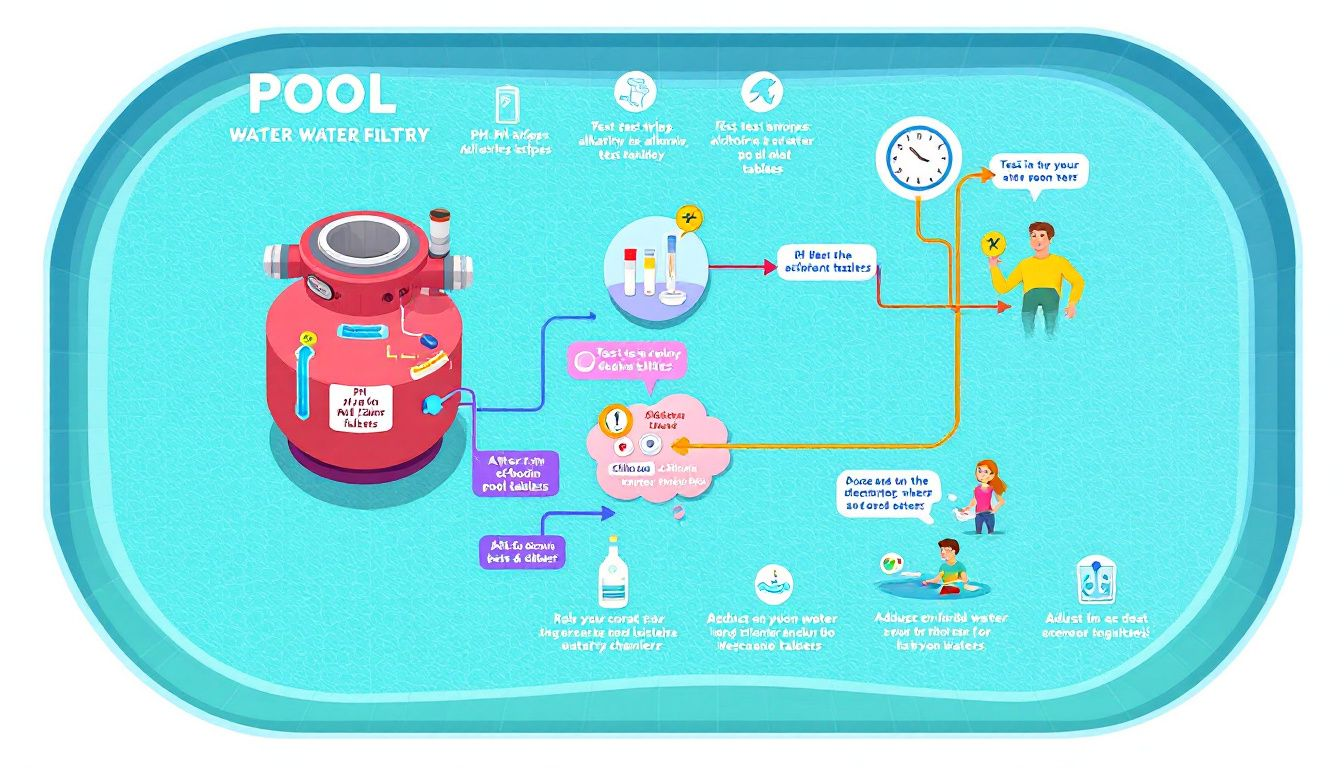 An overview of swimming pool water chemistry, highlighting various testing tools and pool maintenance equipment.