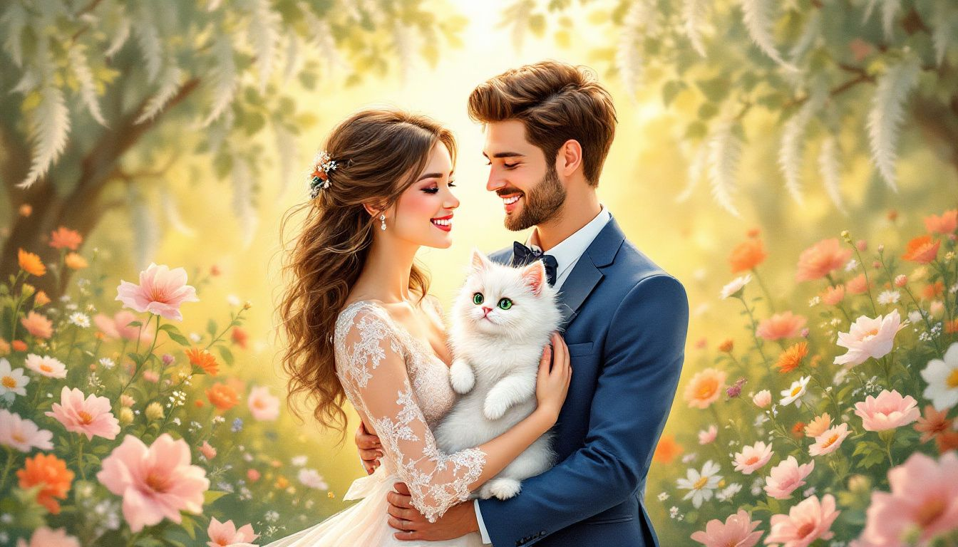 A couple posing with their pet during an engagement photoshoot.