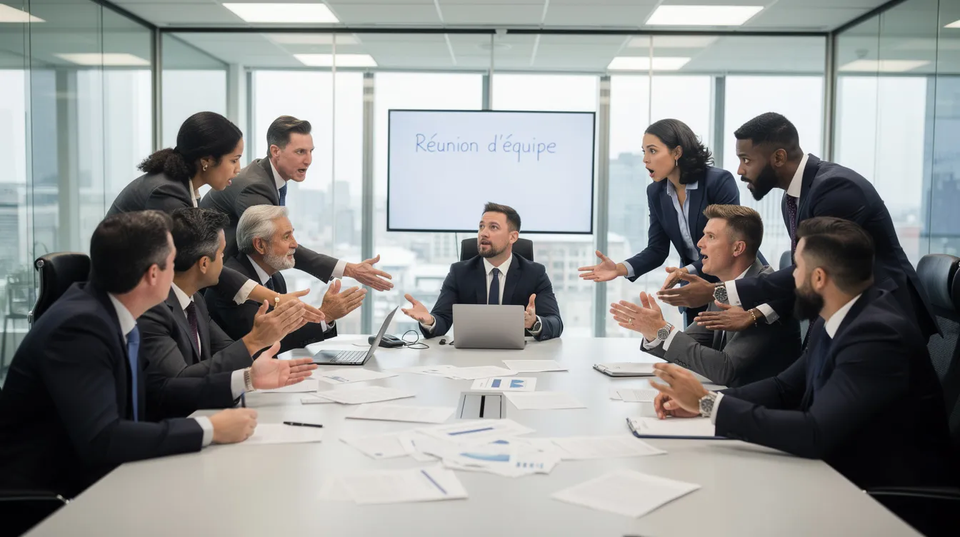L'image montre plusieurs professionnels dans une salle de réunion, chacun parlant en même temps avec des gestes animés, illustrant ainsi le manque d'écoute au sein de l'équipe. Cette scène met en évidence les enjeux de la communication et de la cohésion dans une équipe, essentiels pour atteindre une performance optimale.
