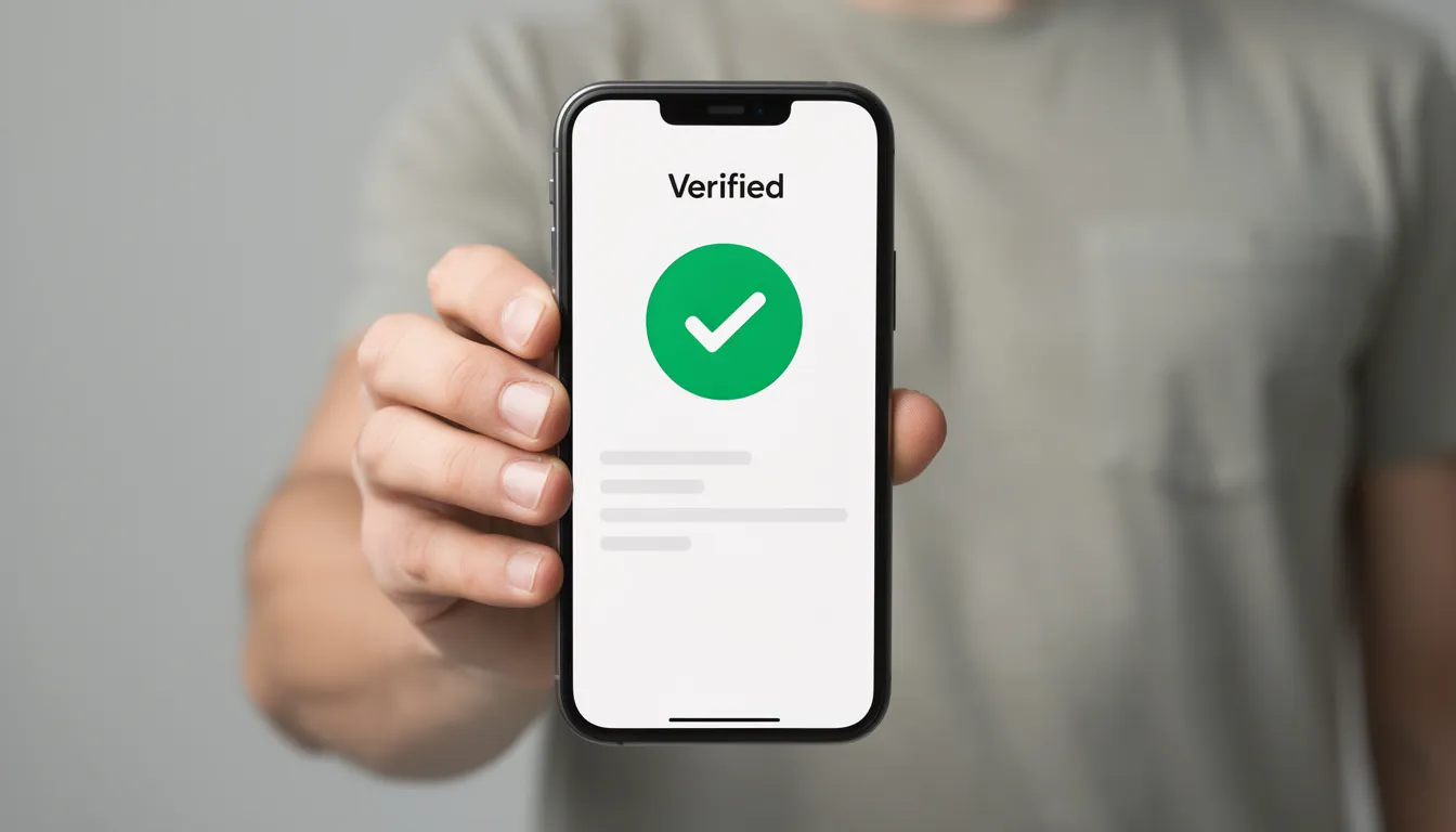 En person håller en smartphone med en verifieringsskärm synlig, som visar att de loggar in på en plattform som kan vara relaterad till casumo casino. Skärmen indikerar att användaren behöver bekräfta sin identitet för att få tillgång till sina casinospel.